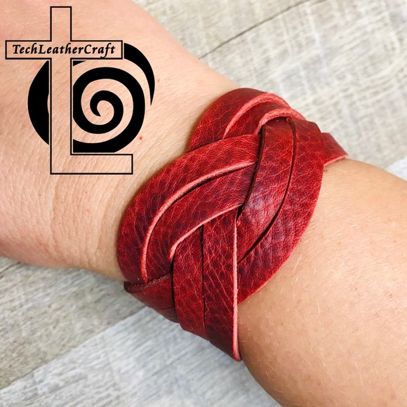 techleathercraft handmade Jewelry - Red Oil Tanned Leather Braided Strappy Cuff